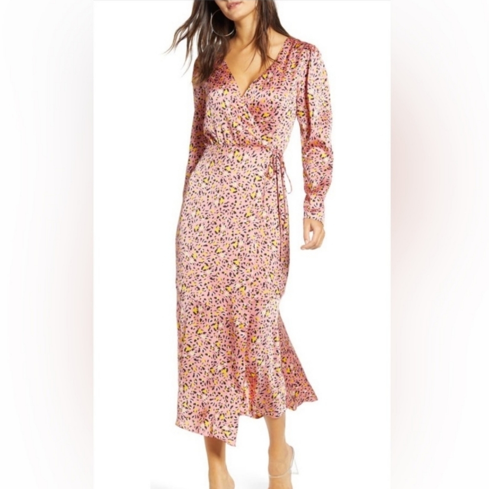 LEITH by Nordstrom satin pink leapard long sleeve wrap 3/4 dress